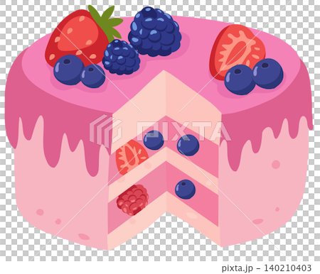 colorful cartoon fruit cake with sliced layers and fresh berry topping, created as a sweet dessert illustration for cafe branding, greeting cards, and food design colorful cartoon fruit cake with sliced layers and fresh berry topping, created as a sweet dessert illustration for cafe branding, greeting cards, and food design 140210403