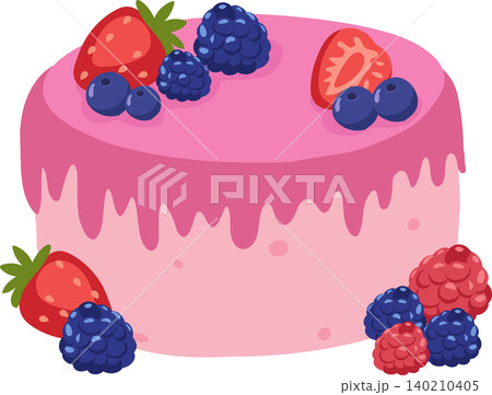 berry cake illustration with strawberry blueberry raspberry and pink frosting 140210405