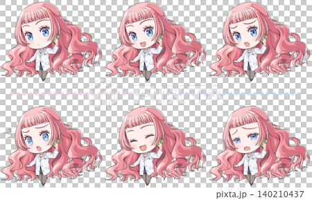 A pink-haired pharmacist making a phone call on her smartphone. A chibi-style character in the style of Japanese anime. Includes a set of 6 different facial expressions during the call. 140210437