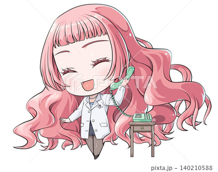 受話器を持って話すピンク髪の薬剤師。日本のアニメ風のちびキャラ。笑顔で喜ぶ少女 受話器を持って話すピンク髪の薬剤師。日本のアニメ風のちびキャラ。笑顔で喜ぶ少女 140210588