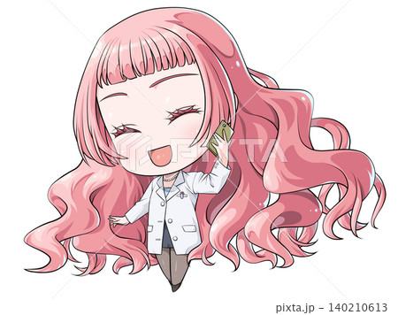 スマホで電話をかけるピンク髪の薬剤師。日本のアニメ風のちびキャラ。笑顔で喜ぶ少女 スマホで電話をかけるピンク髪の薬剤師。日本のアニメ風のちびキャラ。笑顔で喜ぶ少女 140210613