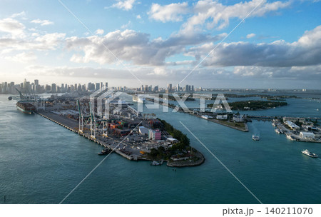 Harbor marina landscape. Travel destination. Cargo ship docked in port of Miami. Miami south beach, Florida. Sea view of port in Florida. Miami port with cargo ship 140211070