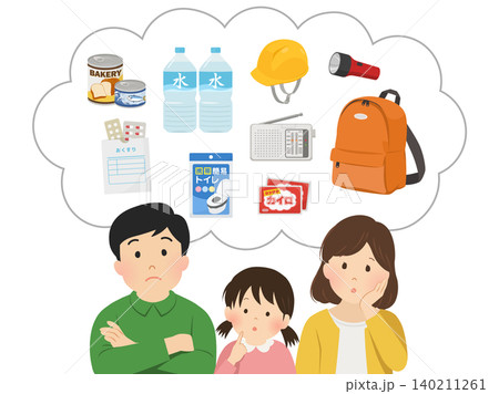 防災用品について考える家族のベクターイラスト 防災用品について考える家族のベクターイラスト 140211261
