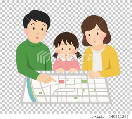 Vector illustration of a family checking a disaster prevention map. Vector illustration of a family checking a disaster prevention map. 140211265