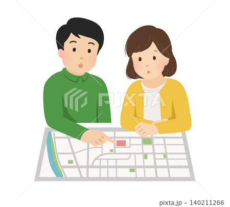 防災マップを確認する夫婦のベクターイラスト 140211266