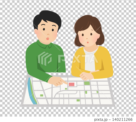 防災マップを確認する夫婦のベクターイラスト 140211266
