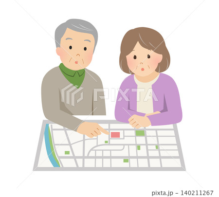 防災マップを確認するシニア夫婦のベクターイラスト 140211267