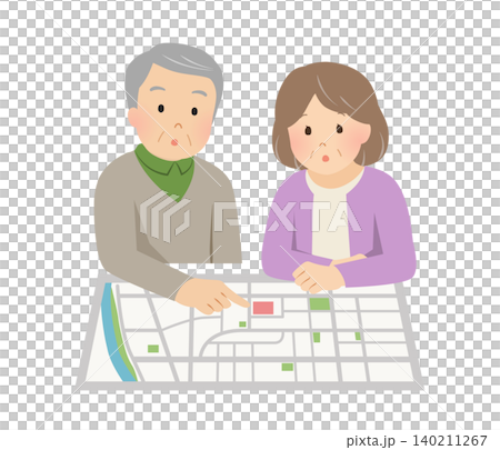防災マップを確認するシニア夫婦のベクターイラスト 140211267