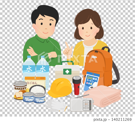 一對夫婦檢查災難準備物資的向量圖 一對夫婦檢查災難準備物資的向量圖 140211269