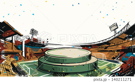Blank round podium for placed product presentation at the middle of soccer stadium with confetti hand drawn childish style have blank space. Blank round podium for placed product presentation at the middle of soccer stadium with confetti hand drawn childish style have blank space. 140211271