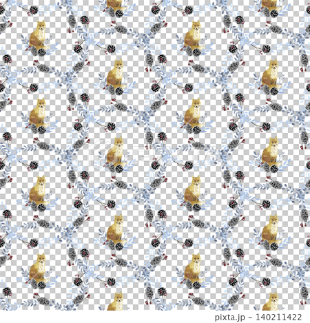 Watercolor fox with nuts and pine cones on a transparent background Watercolor fox with nuts and pine cones on a transparent background 140211422