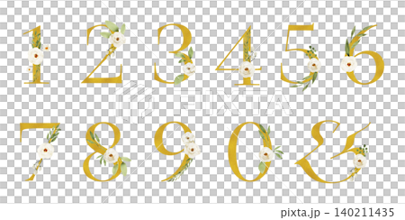 一組金色數字，飾以玫瑰花，背景透明。 140211435