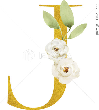 透明背景のバラの花があしらわれた金色のアルファベットJの文字 透明背景のバラの花があしらわれた金色のアルファベットJの文字 140211436