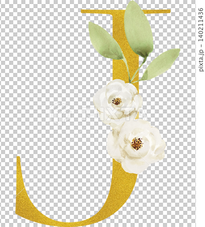 透明背景のバラの花があしらわれた金色のアルファベットJの文字 透明背景のバラの花があしらわれた金色のアルファベットJの文字 140211436