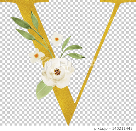 White roses and gold lettering "V" on a transparent background White roses and gold lettering "V" on a transparent background 140211445