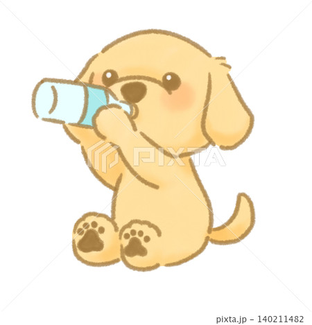 座って水分補給する絵本風の温もりある手描き犬イラスト 140211482
