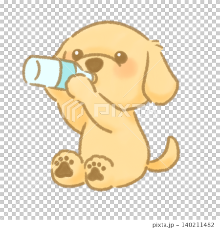 座って水分補給する絵本風の温もりある手描き犬イラスト 140211482