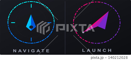 Abstract digital icons representing navigation and launch functions with compass and arrow pointers on a dark background, showcasing modern UI design elements. 140212028