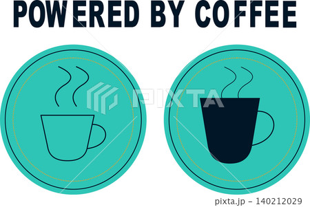 A graphic illustration featuring the text "POWERED BY COFFEE" above two circular icons, one with an outline of a steaming cup and the other with a solid dark mug, all on a white background. 140212029