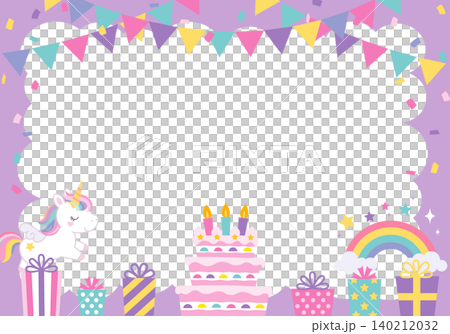 [Vector] A horizontal birthday frame featuring a unicorn against a dreamy purple background. Includes space for adding text. 140212032