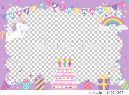 [Vector] A horizontal birthday frame featuring a unicorn against a dreamy purple background. Includes space for adding text. 140212034