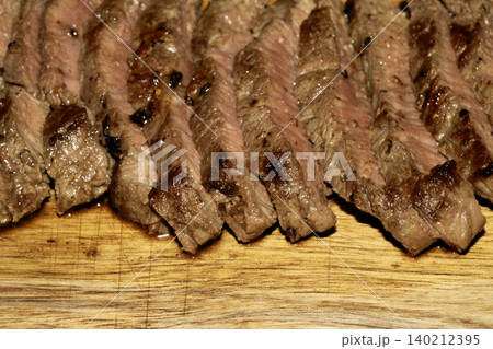 Close up of sliced fried steak beef meat perfectly cooked and succulent Close up of sliced fried steak beef meat perfectly cooked and succulent 140212395