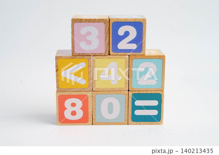 Number wood block cubes for learning Mathematic, education math concept. 140213435