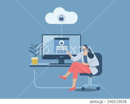 Protection of important personal databases, Secure cloud downloads and uploads, Personal security management concept, Woman using computer online in social media. Vector design illustration. 140213636