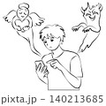 スマートフォンを操作する若い男性と、左右に現れた天使と悪魔の線画イメージイラスト 140213685