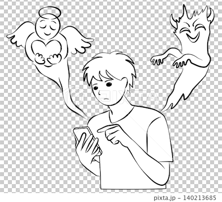 A line drawing illustration of a young man operating a smartphone, with an angel and a demon appearing on either side. A line drawing illustration of a young man operating a smartphone, with an angel and a demon appearing on either side. 140213685