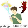 スマートフォンを操作する若い男性と、左右に現れた天使と悪魔のイメージイラスト 140213686