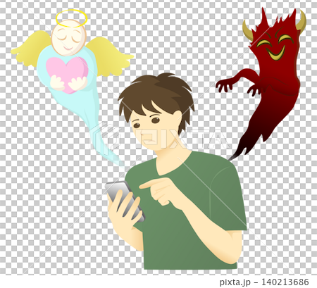 An image illustration of a young man operating a smartphone, flanked by angels and demons on either side. An image illustration of a young man operating a smartphone, flanked by angels and demons on either side. 140213686