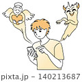 スマートフォンを操作する若い男性と、左右に現れた天使と悪魔のイメージイラスト 140213687
