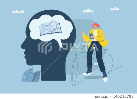 Search for more knowledge in the brain, Young man riding a bicycle using a tablet, Vector design illustration. 140213798