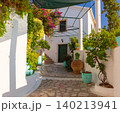 White courtyard with potted plants in Corfu, Greece 140213941