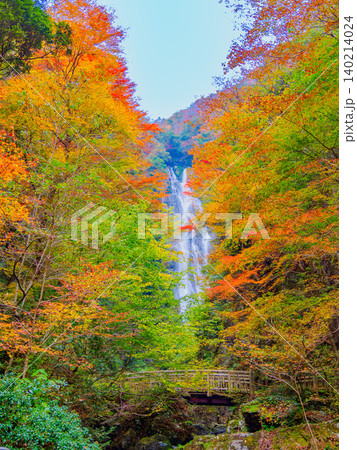 紅葉最盛期の神庭の滝 スローシャッターで滑らかに流れる名瀑 縦構図無人風景 紅葉最盛期の神庭の滝 スローシャッターで滑らかに流れる名瀑 縦構図無人風景 140214024