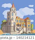 Colorful vector illustration of a historic seaside villa with tower, decorative architectural details and waterfront setting in Cascais, Portugal. 140214121