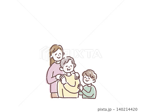 高齢女性を見守る親子のイメージイラスト 高齢女性を見守る親子のイメージイラスト 140214420