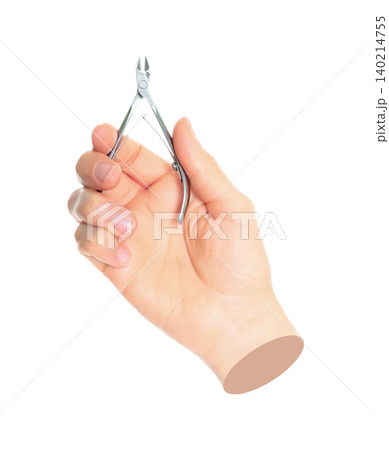 Woman hand holds cosmetic cuticle nippers, isolated on transparent background. Contemporary art cosmetics and visage concept Woman hand holds cosmetic cuticle nippers, isolated on transparent background. Contemporary art cosmetics and visage concept 140214755