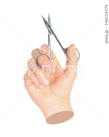 Woman hand holds cosmetic scissors, isolated on transparent background, cosmetic tools concept. Contemporary art concept 140214774