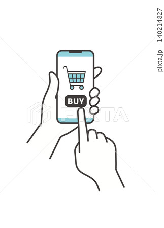 スマートフォンで商品を購入するワンカットイラスト(オンラインショッピング・購入ボタン) スマートフォンで商品を購入するワンカットイラスト(オンラインショッピング・購入ボタン) 140214827