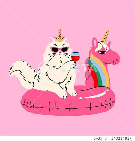 Kawaii Cat Wearing Sunglasses on Inflatable Unicorn Kawaii Cat Wearing Sunglasses on Inflatable Unicorn 140214917