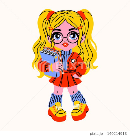 Kawaii Cartoon Girl in Red Outfit with Notebooks Kawaii Cartoon Girl in Red Outfit with Notebooks 140214918