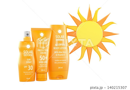 Sunscreen and after sun products with decorative sun. 3D rendering Sunscreen and after sun products with decorative sun. 3D rendering 140215307