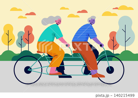 Happy senior couple riding a tandem bicycle together outdoors in corporate memphis style. Flat design vector illustration. 140215499