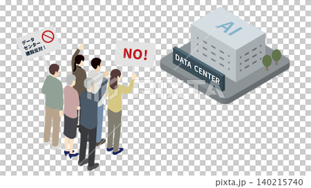 AIデータセンター建設に反対する日本人住民の抗議活動 アイソメトリックイラスト 140215740