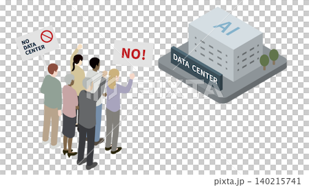 Isometric illustration of residents and local community protests against the construction of an AI data center. 140215741