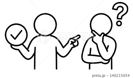 Problem solving stick figure vector icon. Man holding check mark and giving answer to confused person with question mark, mentoring and customer support concept. 140215854