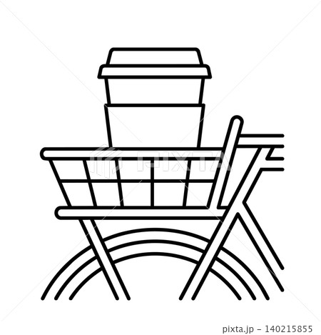 Takeaway coffee cup in bicycle basket line art vector icon. Disposable paper cup with sleeve and lid on front bike basket, lifestyle commute and green transport concept. 140215855
