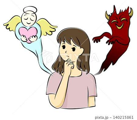 迷って悩む若い女性と、左右に現れた天使と悪魔のイメージイラスト 140215861